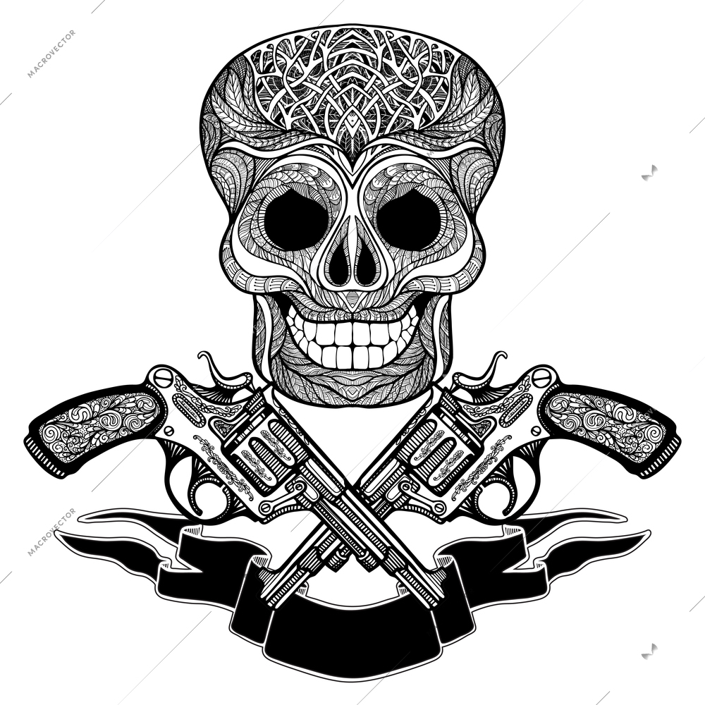 Hand drawn  black  crossed guns with ornaments  ribbon and  skull on white  background   vector illustration