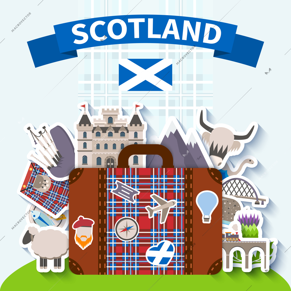 Scotland travel background with national symbols and nature flat vector illustration