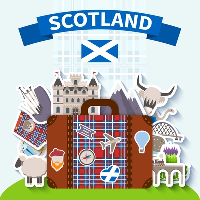 Scotland travel background with national symbols and nature flat vector illustration