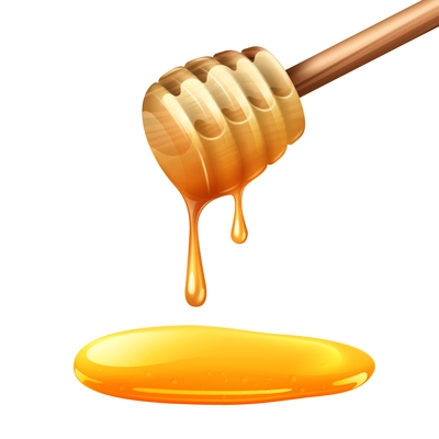 Realistic wooden honey stick with dense yellow drops vector illustration