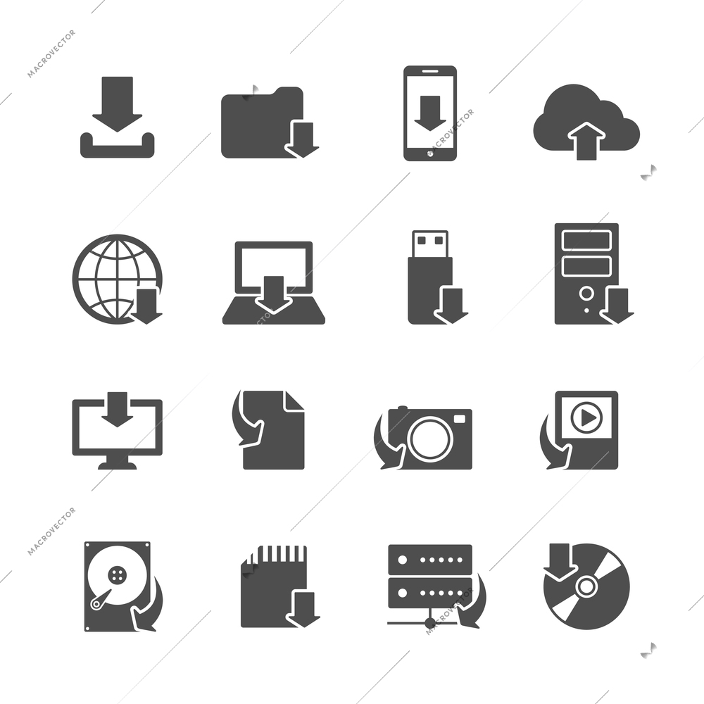 Internet download symbols collection for computer and mobile electronic devices black icons set isolated vector illustration