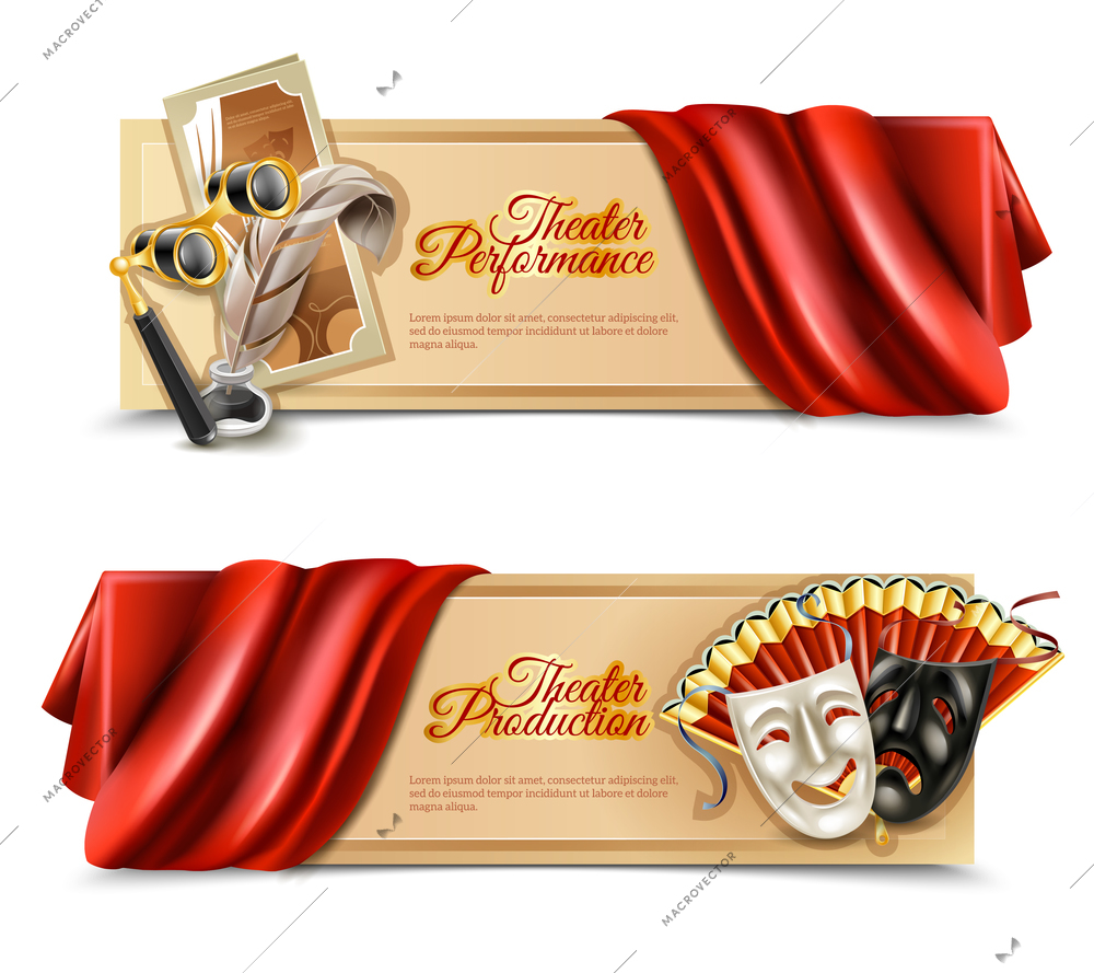 Theatre performance realistic horizontal banners set with curtain and masks isolated vector illustration