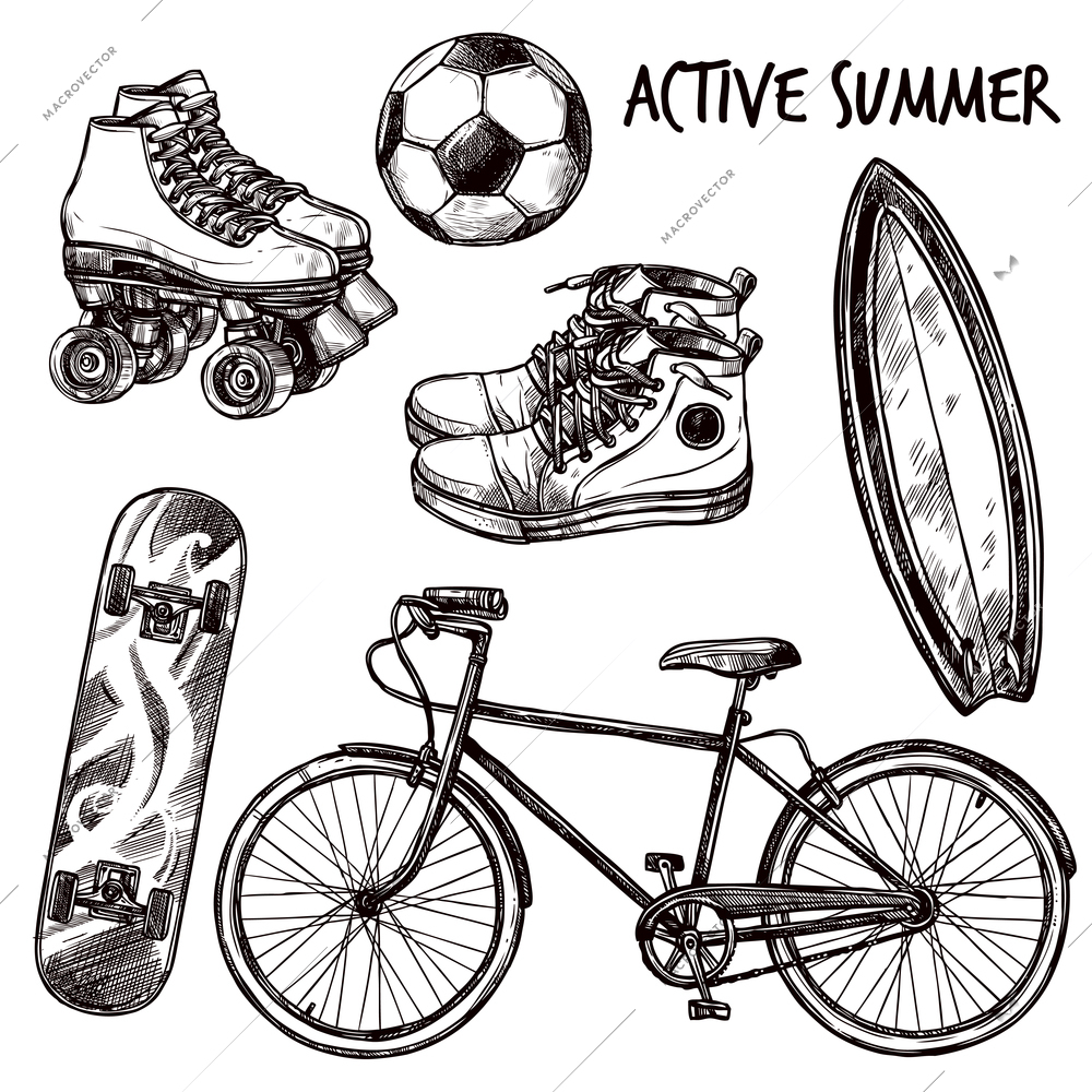 Active recreation and sport equipment sketch set isolated vector illustration