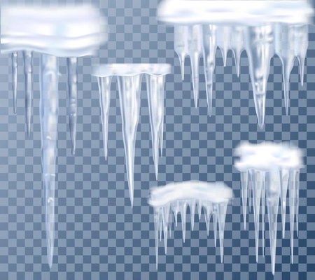 Realistic big icicles transparent set for decoration isolated vector illustration