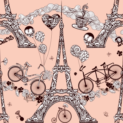 Paris seamless pattern with Eiffel tower and retro bicycles vector illustration