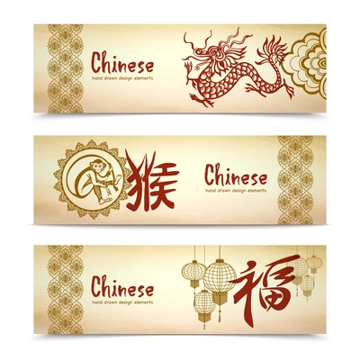 Chinese horizontal banners set with traditional asian symbols isolated vector illustration