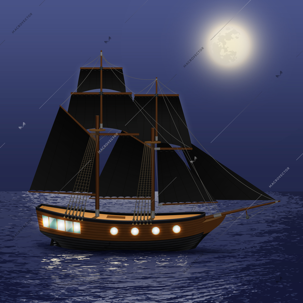 Vintage ship with black sails at night sea background vector illustration