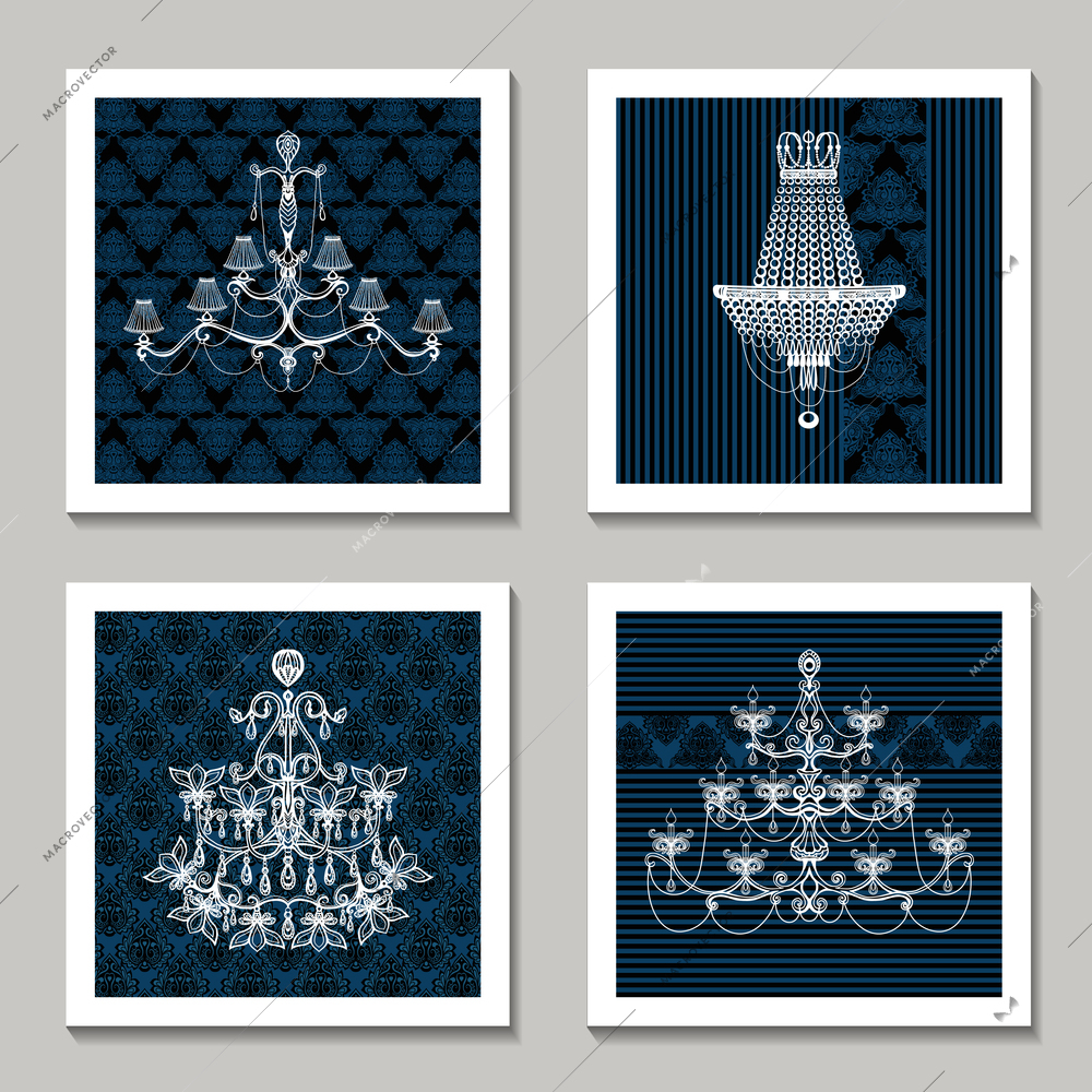 Vintage chandelier cards set with vintage interior light decoration isolated vector illustration