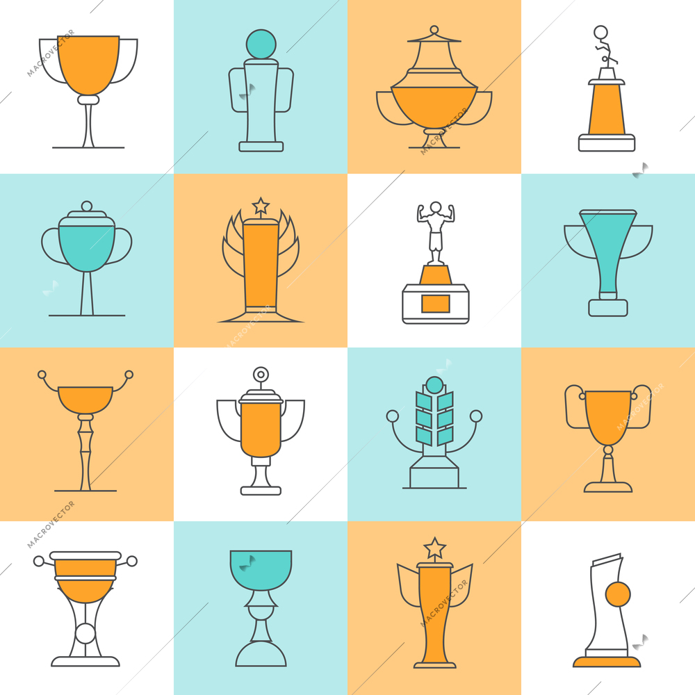 Awards line icons set with sport cups flat isolated vector illustration