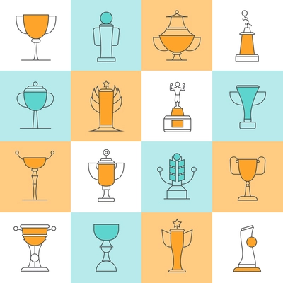 Awards line icons set with sport cups flat isolated vector illustration