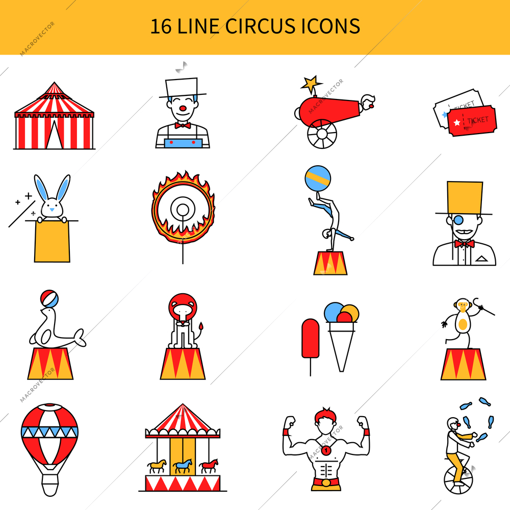 Circus line icons set with clown animal and tricks symbols flat isolated vector illustration
