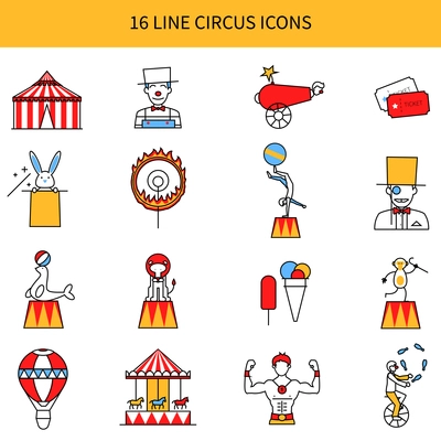 Circus line icons set with clown animal and tricks symbols flat isolated vector illustration