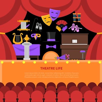 Theatre life concept with seats stage and red curtain flat vector illustration