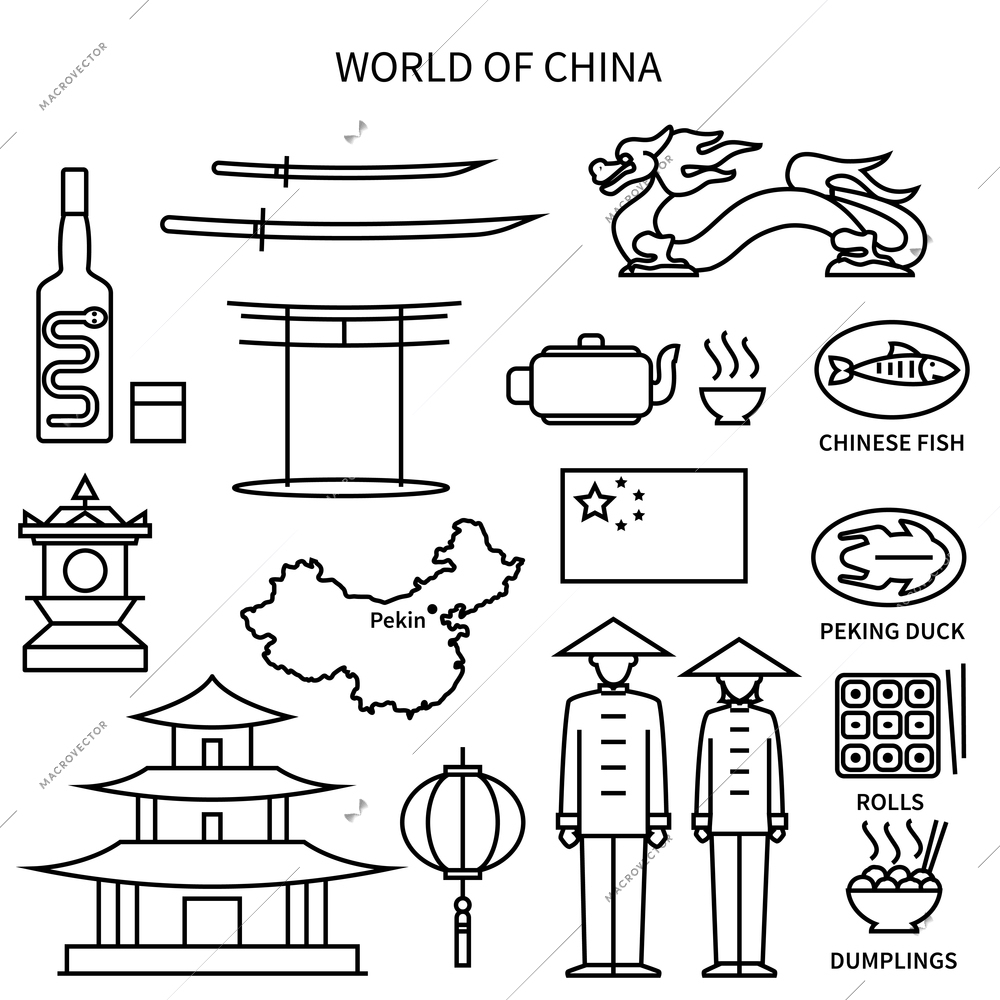 World of China line black white icons set with national symbols flat isolated vector illustration