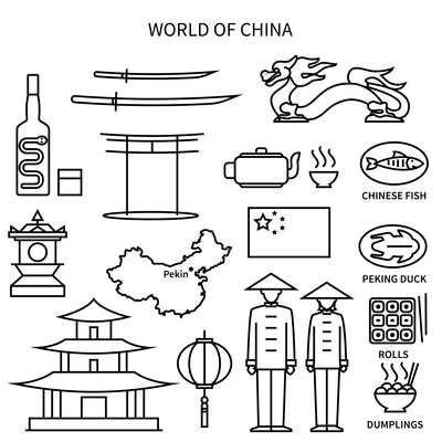 World of China line black white icons set with national symbols flat isolated vector illustration