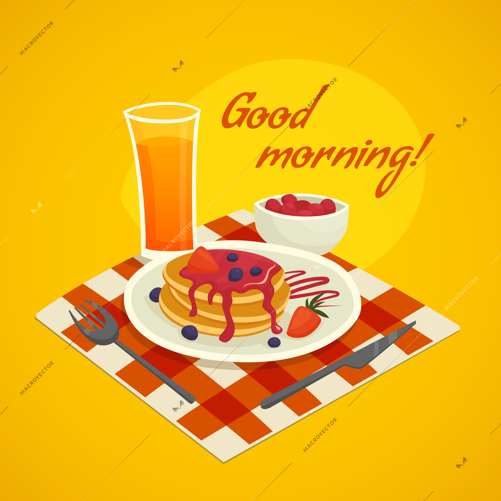 Breakfast design concept with glass of orange  juice plate of pancakes  and  good morning wishing vector illustration