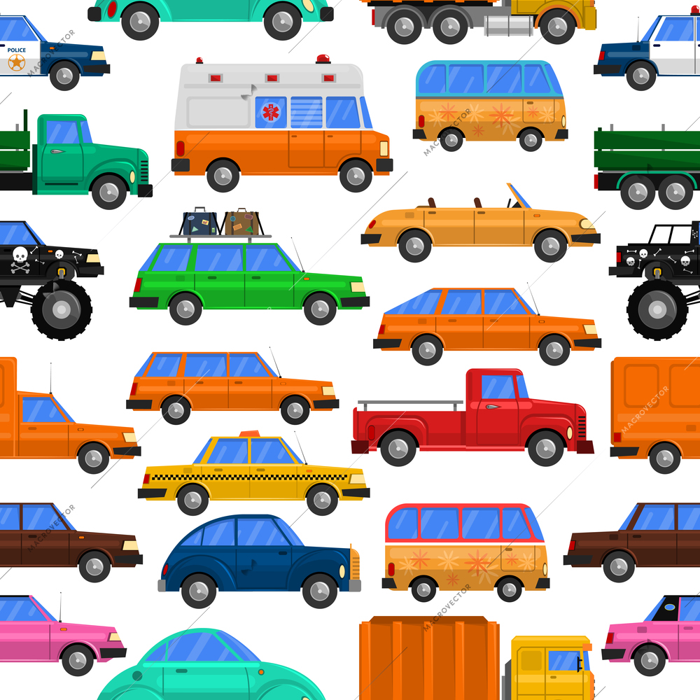 Cars seamless pattern with family cars vans and taxi flat isolated vector illustration