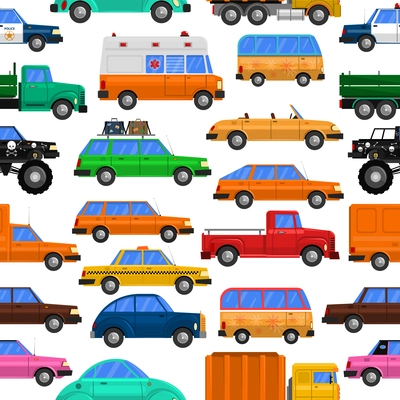 Cars seamless pattern with family cars vans and taxi flat isolated vector illustration