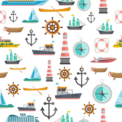 Nautical symbols vintage icons seamless tileable pattern with beacon anchor compass and sailboats abstract isolated vector illustration