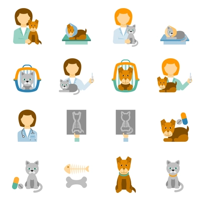 Veterinary clinic for pets with proper feeding and prophylactic treatment flat icons set abstract isolated vector illustration