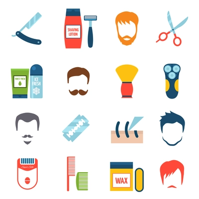 Color  flat set icons of shave with barber equipment and personal hygiene accessories isolated vector illustration