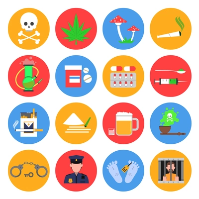 Drugs round icons set with drugs alcohol and smoking symbols flat isolated vector illustration