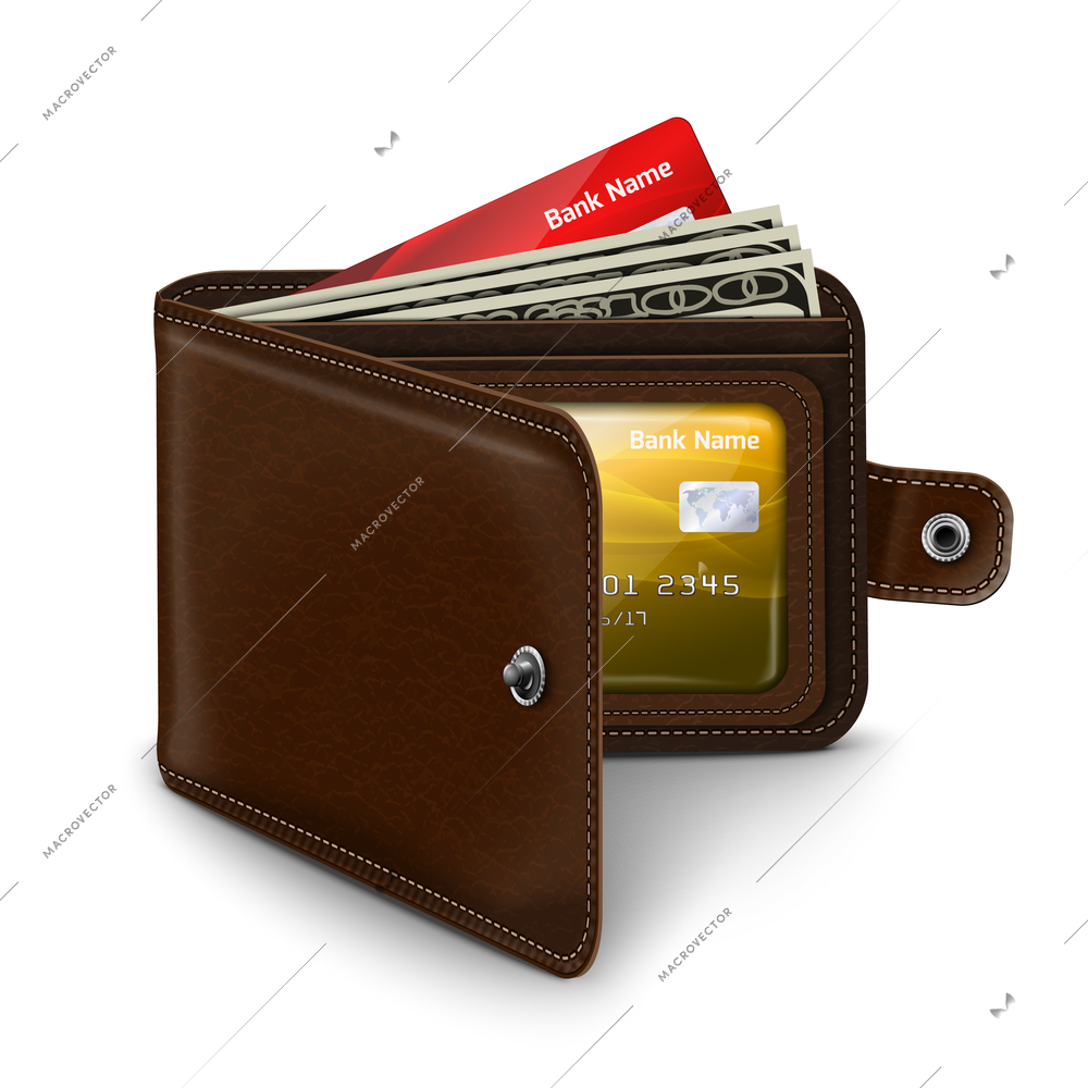 Classic modern brown leather pocket open wallet with credit card money bills and id document vector illustration