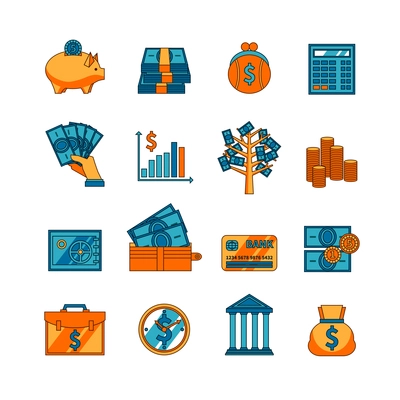 Electronic and traditional methods of money saving  deposit and transfer flat icons set abstract vector isolated illustration