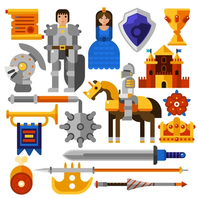 Flat icons set with knight princess castle medieval weapons and other elements isolated vector illustration