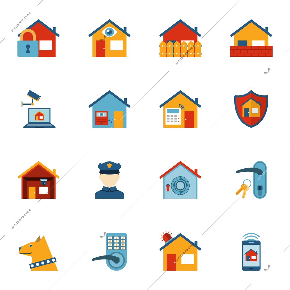 Home security computer system with surveillance camera and shield symbol flat icons set abstract isolated vector illustration