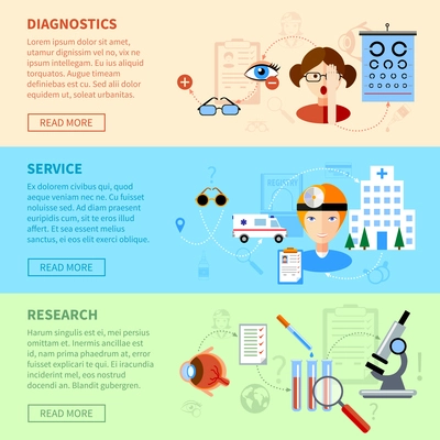 Eyesight problems horizontal banners set with diagnostics service and research symbols flat isolated vector illustration