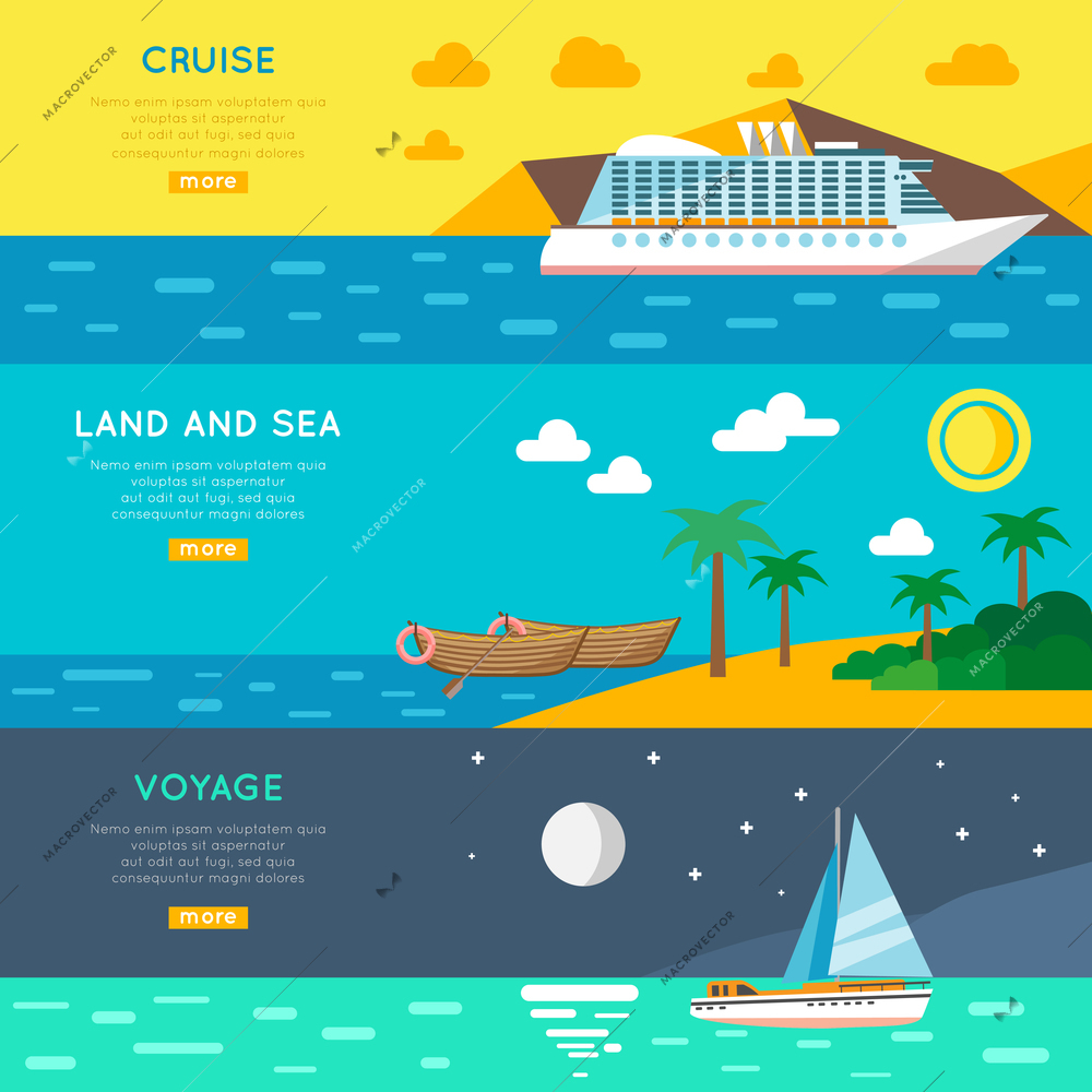 Sea cruise voyage and land excursions vacation tour 3 flat horizontal banners set abstract isolated vector illustration