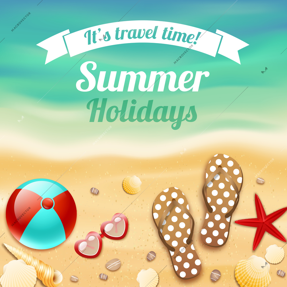 Summer holiday vacation travel background poster with beach accessories sunglasses sandals and starfish vector illustration