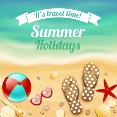 Summer holiday vacation travel background poster with beach accessories sunglasses sandals and starfish vector illustration