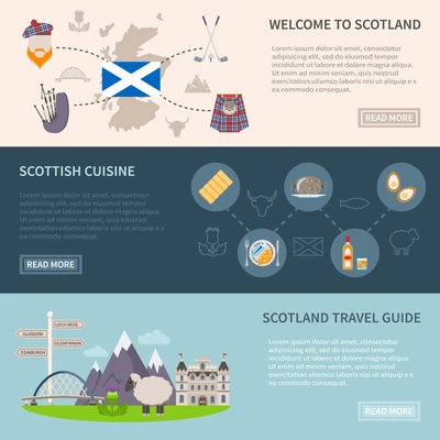 Scotland horizontal banners set with food drink and travel symbols flat isolated vector illustration