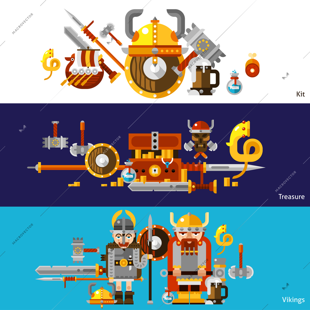 Viking horizontal banners set with kit and treasure symbols flat isolated vector illustration