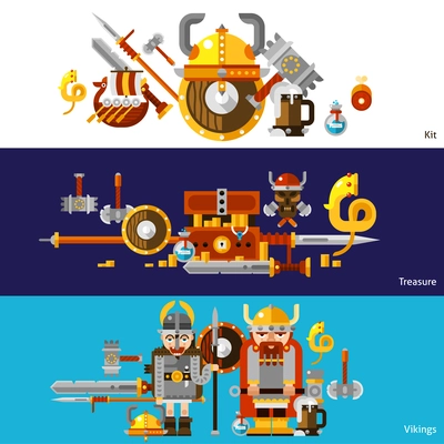 Viking horizontal banners set with kit and treasure symbols flat isolated vector illustration