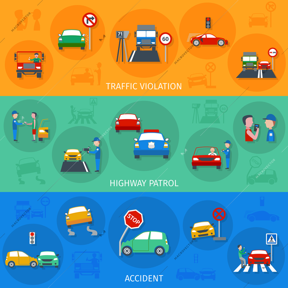 Traffic violation horizontal banner set with road accidents elements isolated vector illustration