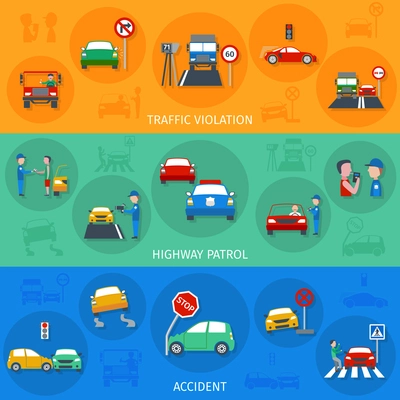 Traffic violation horizontal banner set with road accidents elements isolated vector illustration