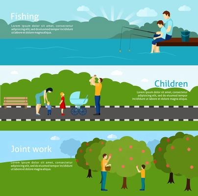 Flat  color fatherhood horizontal banners  set with father and his children  vector illustration.