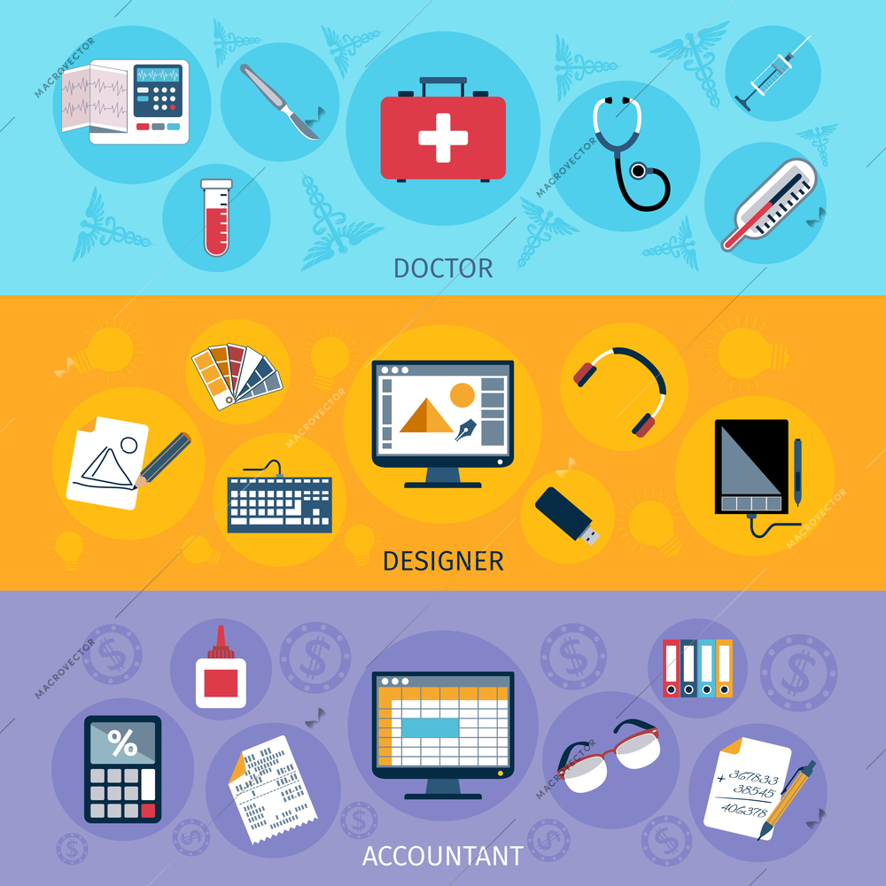 Workspace horizontal banner set with doctor designer and accountant tools isolated vector illustration