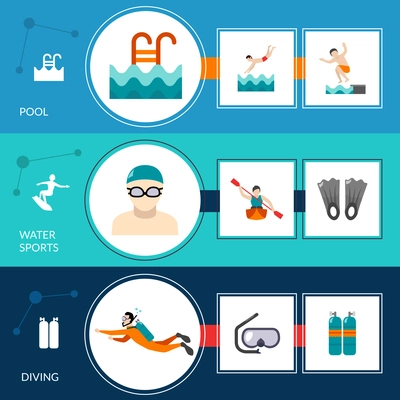 Swimming banners set with pool and diving elements isolated vector illustration