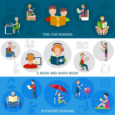 People horizontal banner set with e-book and audio books element isolated vector illustration