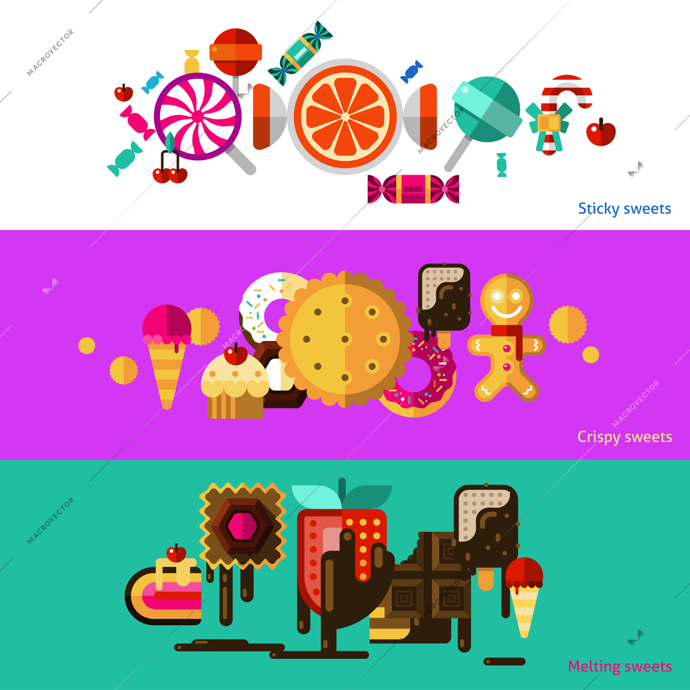 Sweets horizontal banners set with sticky crispy and melting sweets flat isolated vector illustration