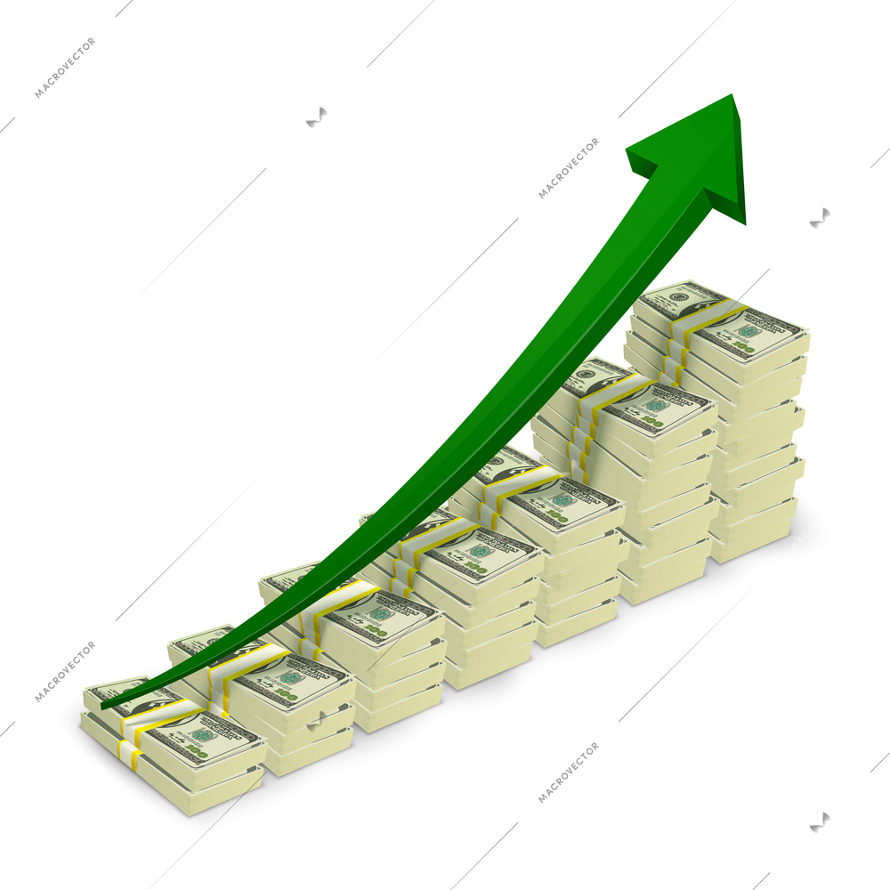 Money banknotes stacks rising graph with upward arrow vector illustration