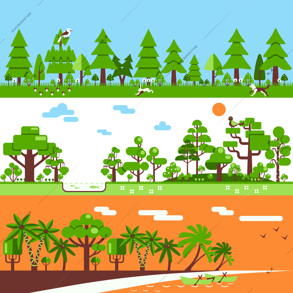 Forest horizontal banners include deciduous trees gum pine coconut palm hare bird grass  flat vector illustration