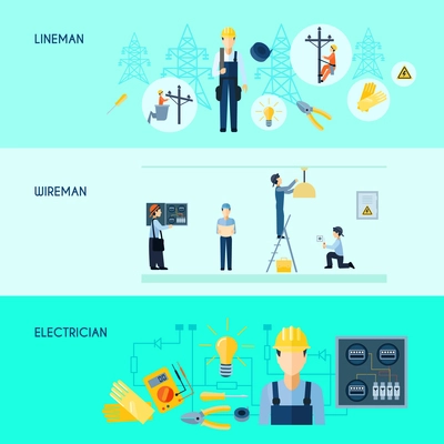 Set of three flat horizontal electricity banners with lineman wireman and electrician vector illustration