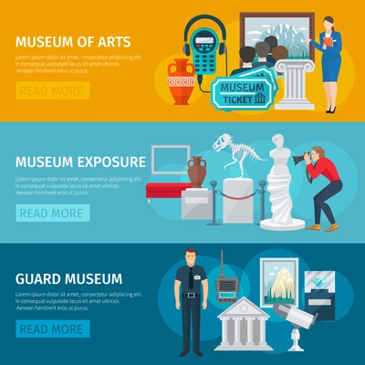 Museum of arts horizontal banner flat set isolated vector illustration