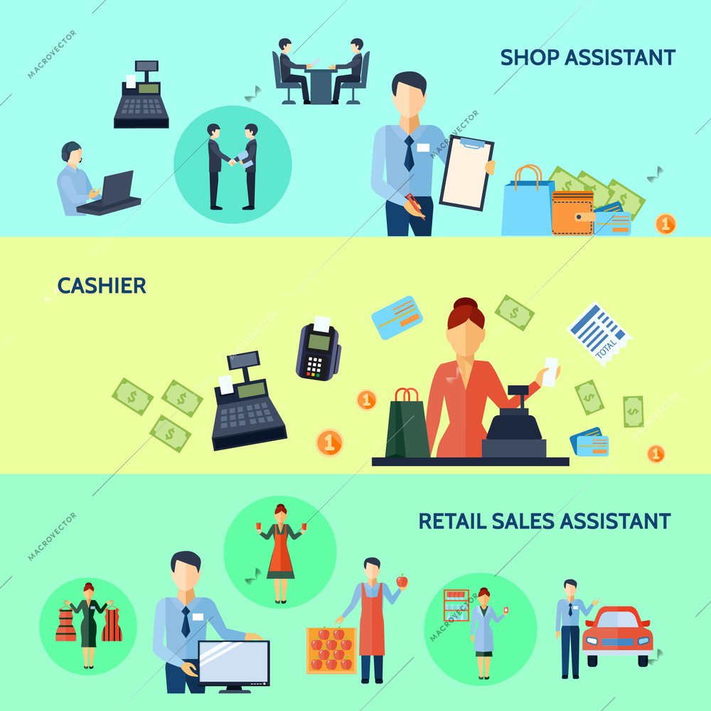 Three horizontal flat banners set of shop assistant cashier and retail sales assistant with titles vector illustration