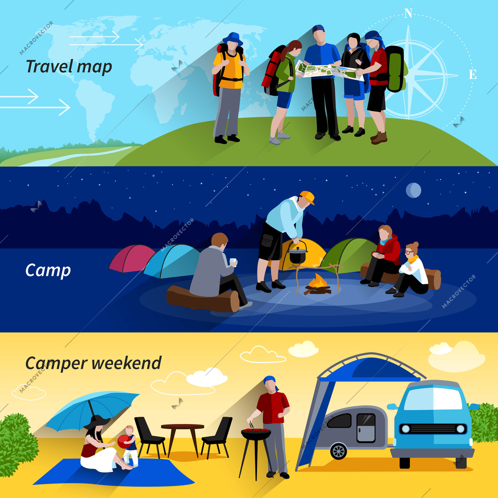 Camper people horizontal banners set with camp family picnic and travel map symbols flat isolated vector illustration